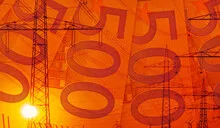 Composition Euro bills and infrastructure at sunset