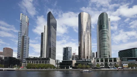 4K Time Lapse Zoom Out Melbourne Yarra River Skyscrapers