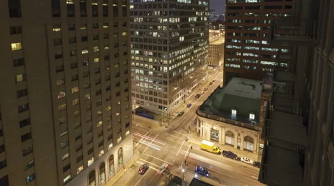 4K Time Lapse Zoom Out Aerial Traffic Intersection At Night