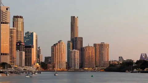 Brisbane Skyline Sunrise Close Up Pan Shot (Editorial)