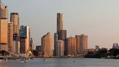 Brisbane Skyline Sunrise Close Up Pan Shot (Editorial)