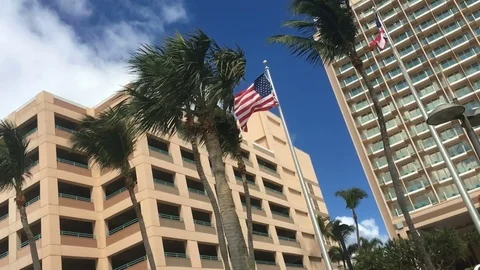 Us Flag Slow Motion And Skyscrapers