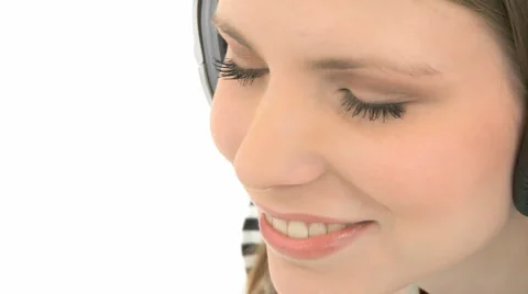 Woman With Headphones Listens Music