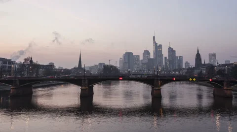 4K Timelapse Cargoships At Frankfurt Skyline Zoom In