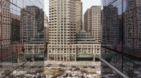 4K Time Lapse Close Up Of Traffic On Office Building Reflection