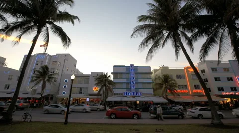 Miami Beach zoom out Ocean Drive Sunset 4K Timelapse (editorial)