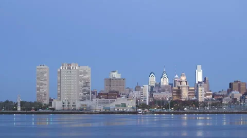 4K Time Lapse Zoom In Philadelphia Skyline At Dawn