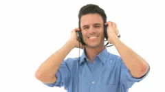 Man With Headphones Listens Music