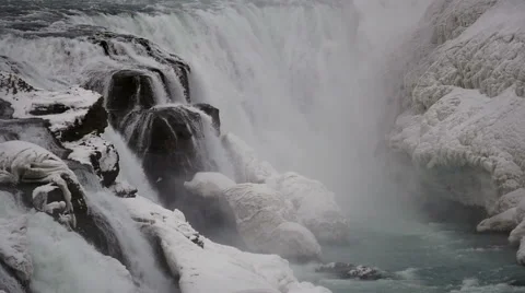 Slowmotion Gullfoss Waterfall Close Up