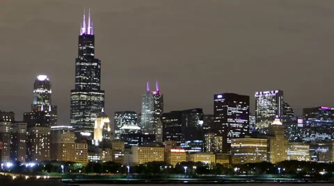 Time Lapse Pan Shot Extreme Close Up Chicago Skyline Night