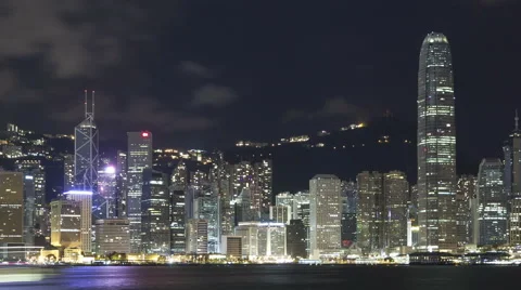Time Lapse Pan Shot Hong Kong Skyline At Nighttime