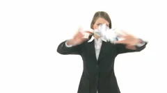 Business Woman Throws Papers Into Camera