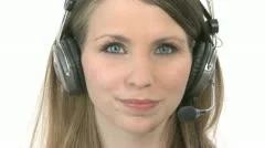 Smiling Call Center Woman Removes Headphones