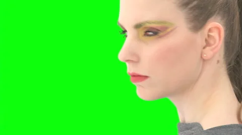 Close Up Greenkey Woman Turns Around