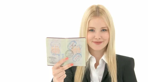Business Woman Shows Passport With Stamps