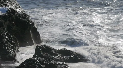 Slowmotion Waves Crashing On Rock Coast