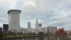4K Time Lapse Zoom In Cleveland Skyline Downtown Sunset