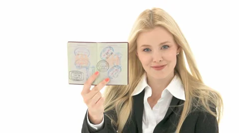 Business Woman Shows Passport With Stamps