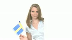 Woman Shows Swedish Flag With Copyspace