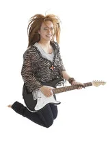Young rock lady jumping with an electric guitar