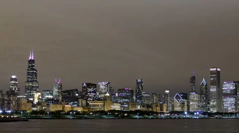 4K Time Lapse Pan Shot Chicago Skyline Night
