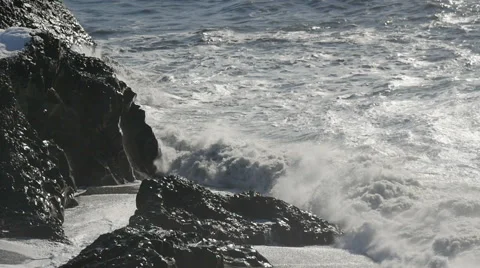 Slowmotion Waves Crashing On Rock Coast