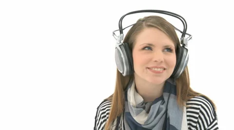 Woman With Headphones Listens Music