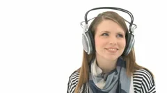 Woman With Headphones Listens Music