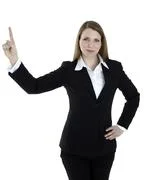 Business Woman Points At Something On The Top Of The Image. Isolated On White